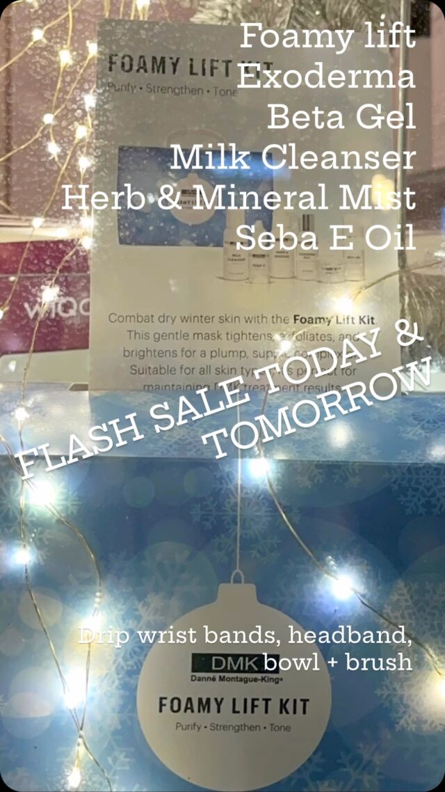 10% off 

DMK Holiday Kit contains all the essentials!! 

•Foamy Lift
•Exoderma 
•Beta Gel
•Travel size Milk Cleanser, Seba E Oil, Herb & Mineral Mist
•all the tools• application brush, bowl, headband, wrist drip bands
