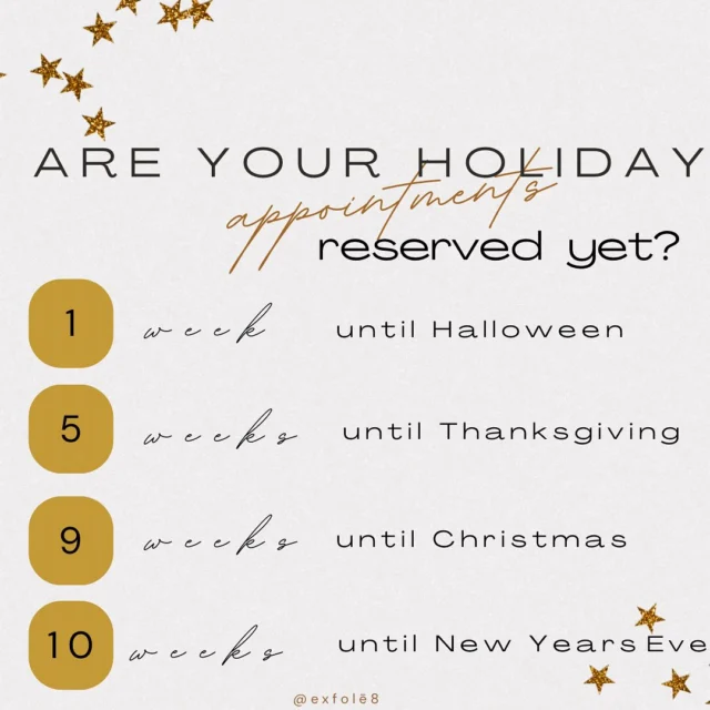 Prepping for the holidays or looking to escape?  November and December will be here soon.  Reserve your spot now for the holiday season. 
DM or use our easy online booking app to schedule today for prime openings. 

Get them while they’re 🔥. 

🧿 PRX Dermperfextion ™️
🧿Micro Current
🧿Tailored Facials
🧿Longevity Chem Peels
🧿Face & Body Waxing
🧿Lash Brow Tinting

📍West Loop
	1308 West Madison Street
	Chicago, IL. 60607

📞 312-492-8050
🌎 www.exfole8.com

Hours By appointment only 

Tuesday & Thursday 12-8P
Friday 11-3P
Saturday 8-4
Sunday 9-2
